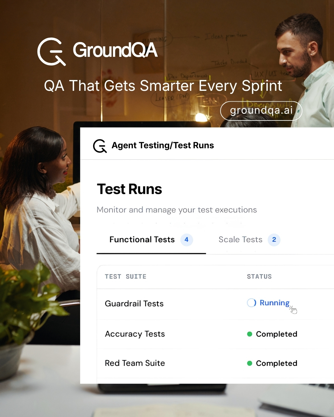 GroundQA agent testing and test runs dashboard